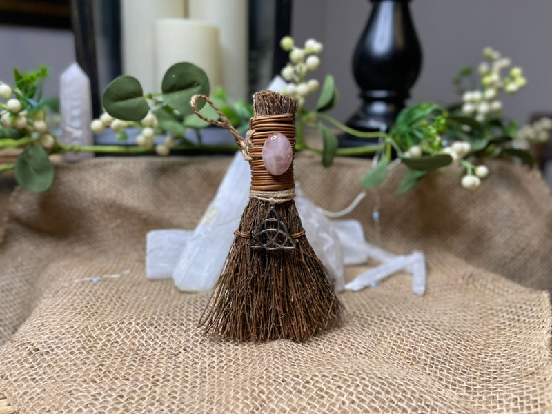 Triquetra Besom Witch Broom with charm, and Amethyst or Rose Quartz FB3258