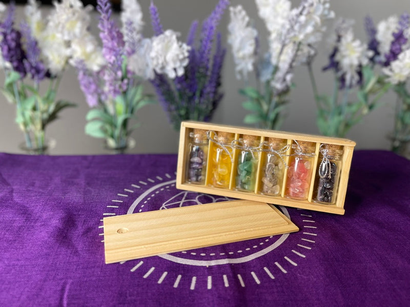 Gemstone Chip Glass Bottles with Cork and Wood Box FB1987