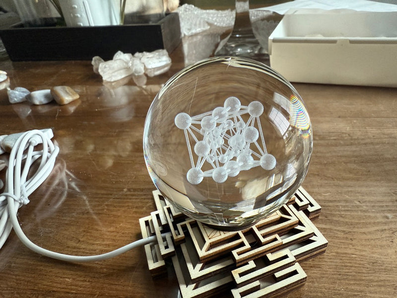 Wood Sri Yantra Three-Tiered LED Sphere Stand FB2584 🌳