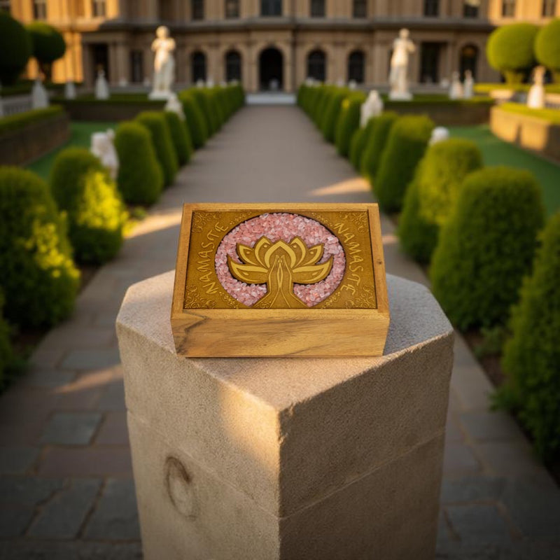 Wood Box, Velvet Lined, Laser Etched with Namaste and Rose Quartz Inlay FB1014 🪷