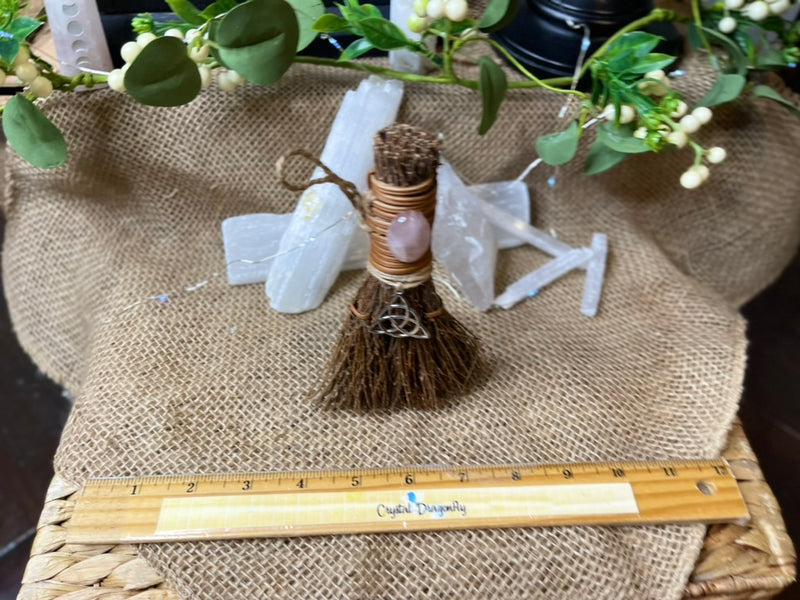 Triquetra Besom Witch Broom with charm, and Amethyst or Rose Quartz FB3258