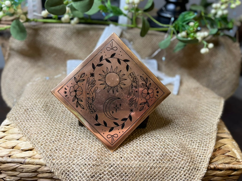 Copper Crystal Charging Plate / Grid Base with Sun, Moon, Nature Design FB3269