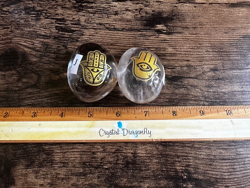 Clear Quartz (slightly smoky) Hand Pebbles from Madagascar with Etched Hamsa FB2985