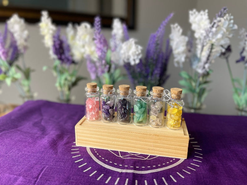 Gemstone Chip Glass Bottles with Cork and Wood Box FB1987