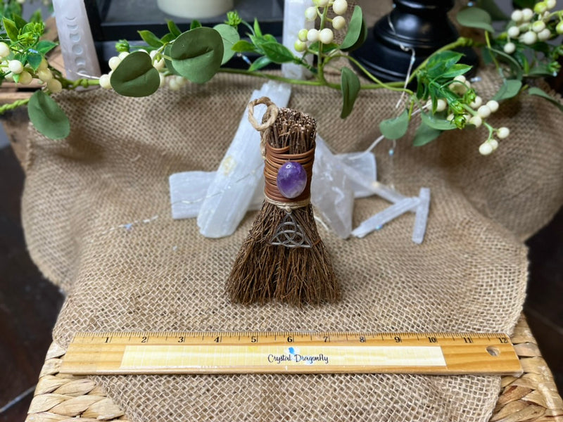 Triquetra Besom Witch Broom with charm, and Amethyst or Rose Quartz FB3258