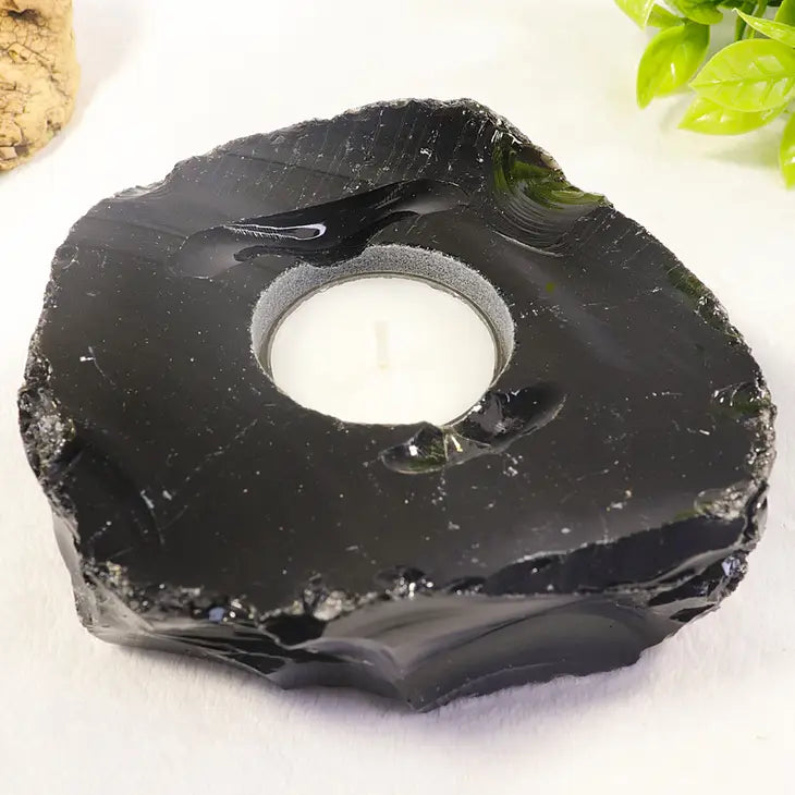 Black Obsidian Natural Free Form Tea Light Candle Holder FB3341