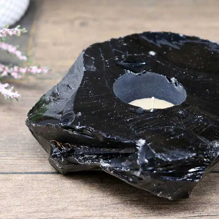 Black Obsidian Natural Free Form Tea Light Candle Holder FB3341