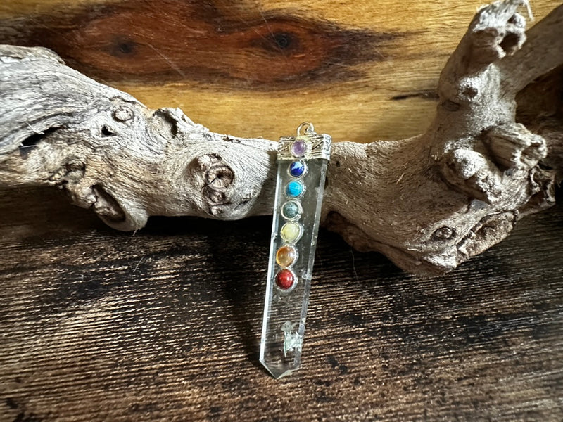 Clear Quartz & Tibetan Silver Pendant with Chakra Gems   FB2439