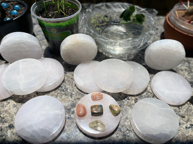 Selenite Etched Round Charging Plates / Bases for crystal grids and display FB1488