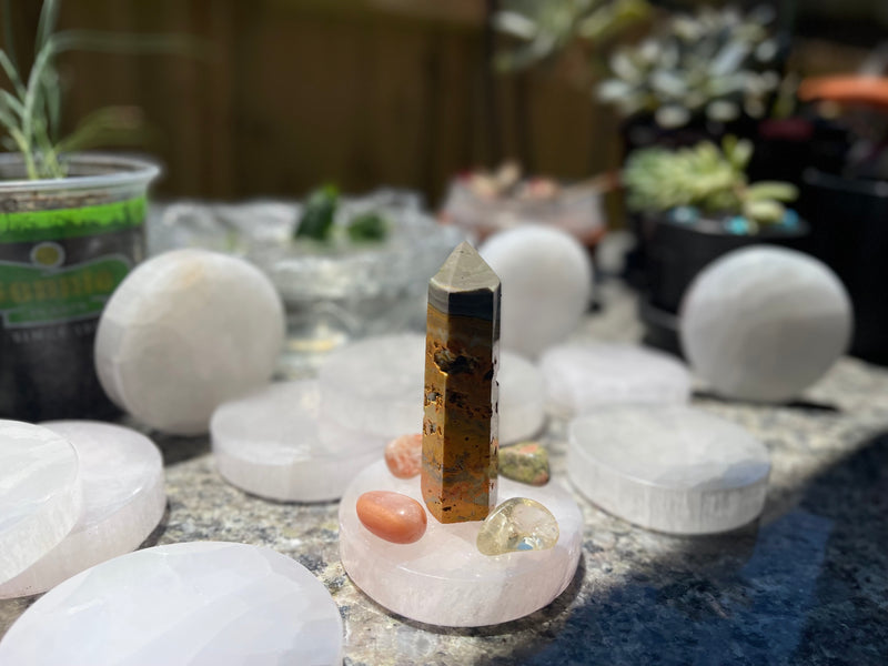 Selenite Etched Round Charging Plates / Bases for crystal grids and display FB1488