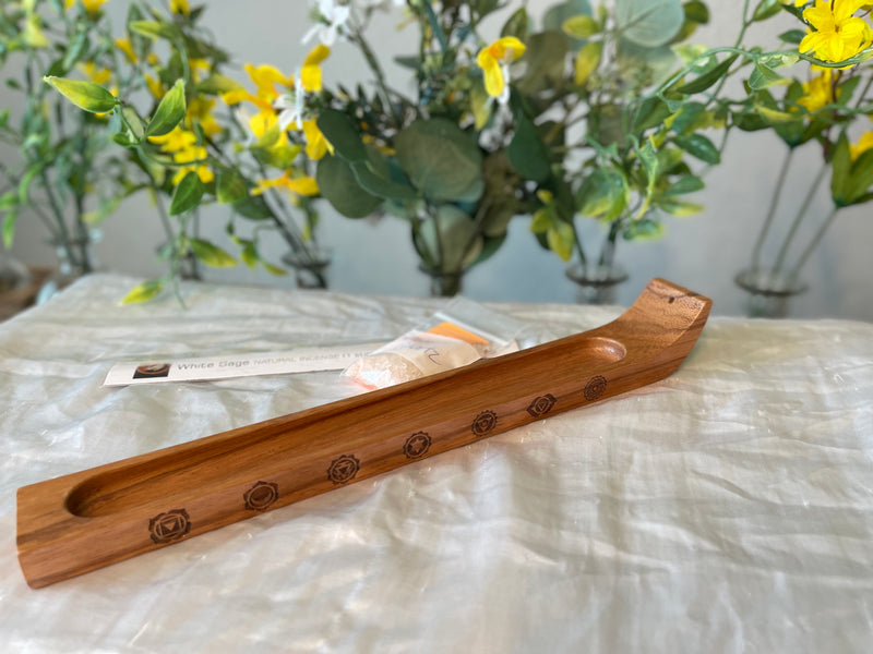 Handcrafted Wood Wide Incense Stick Holder (gemstone chips, incense sample), Display Piece; FB2590