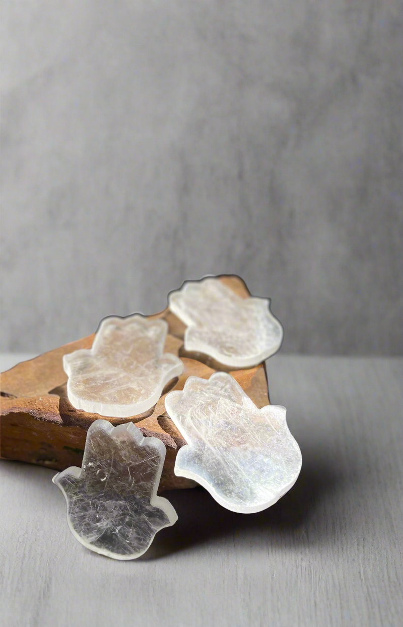 Selenite Hamsa, Evil Eye Protection Carving FB3165