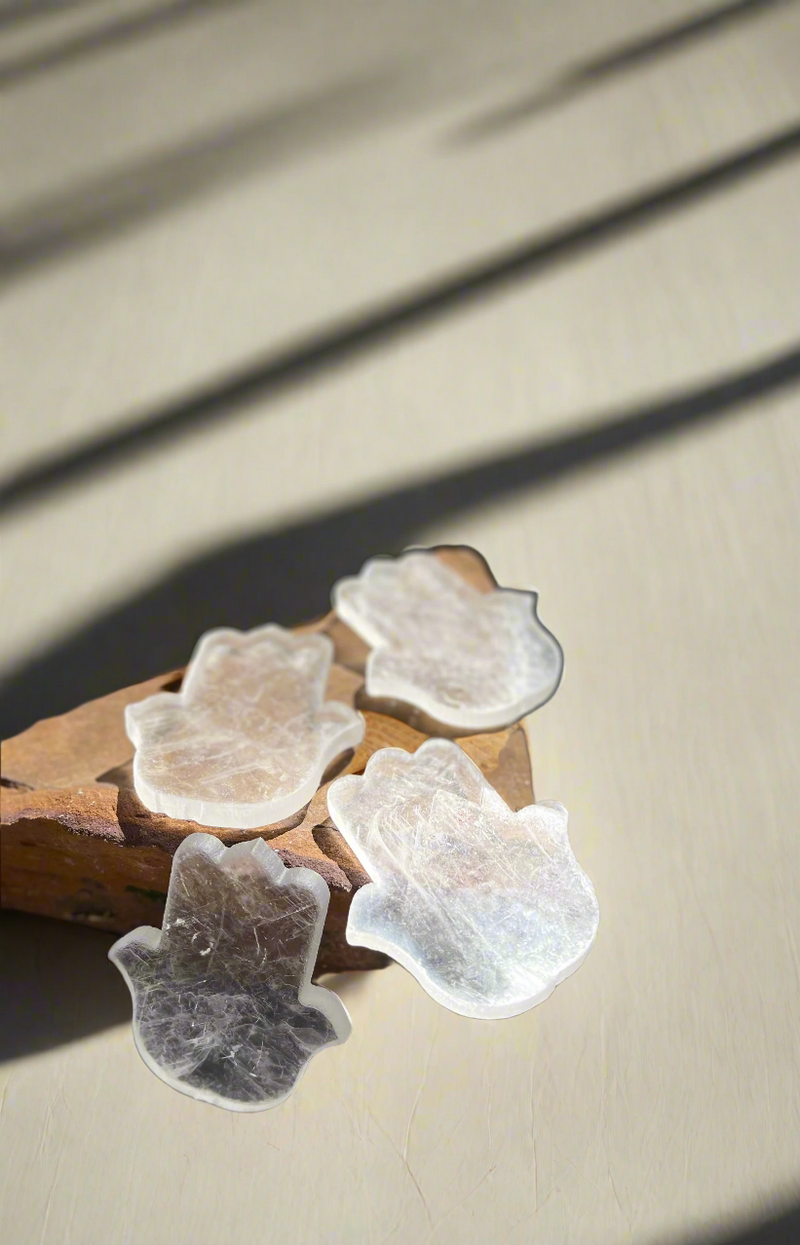 Selenite Hamsa, Evil Eye Protection Carving FB3165