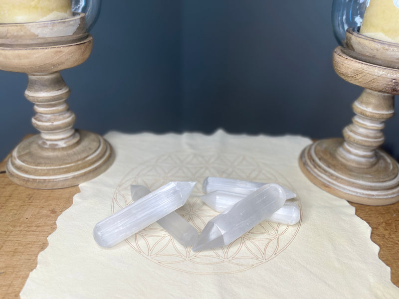 Selenite Wand with terminated point, ethereal and purifying FB1920