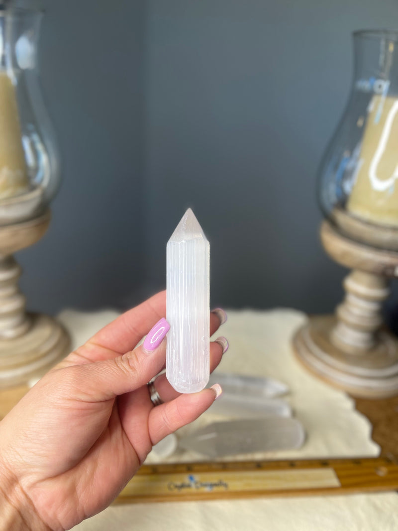 Selenite Wand with terminated point, ethereal and purifying FB1920