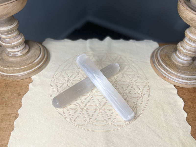 Selenite Rounded without etching or Terminated Point Wands with Flower of Life etching; FB1496