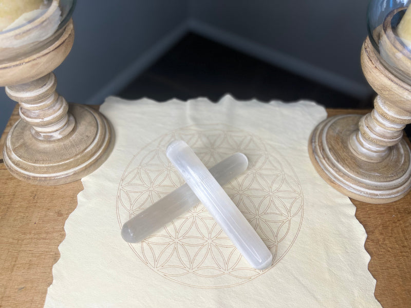 Selenite Rounded without etching or Terminated Point Wands with Flower of Life etching; FB1496