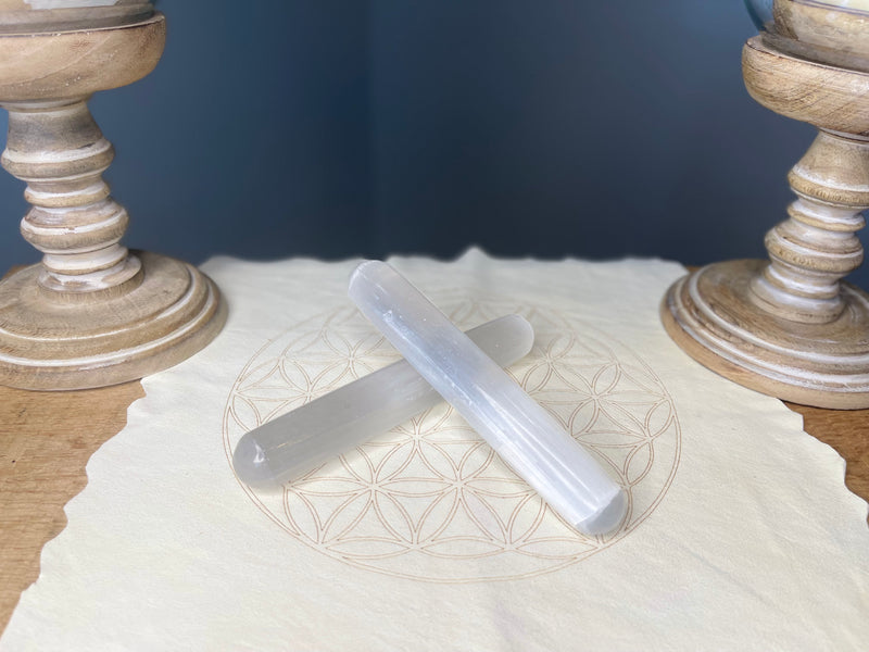 Selenite Rounded without etching or Terminated Point Wands with Flower of Life etching; FB1496