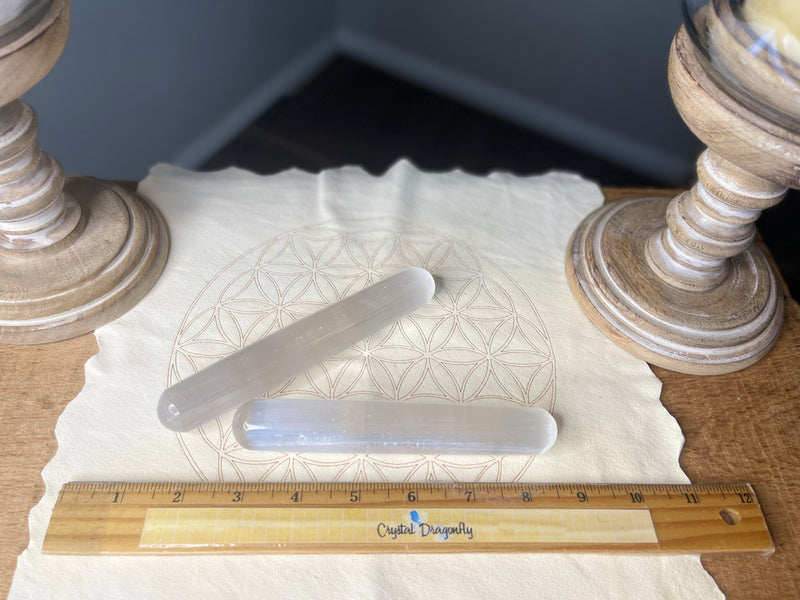 Selenite Rounded without etching or Terminated Point Wands with Flower of Life etching; FB1496