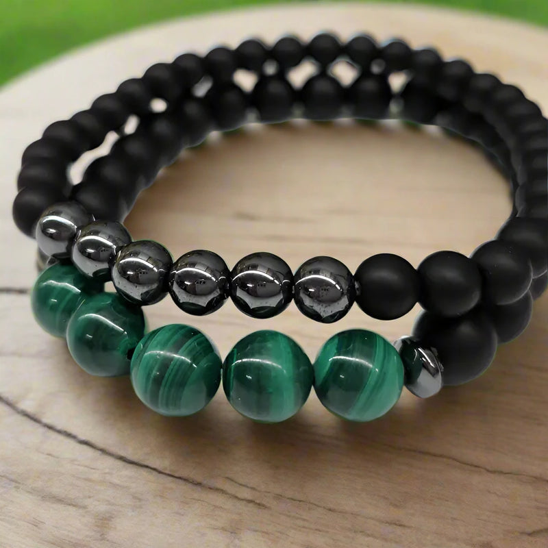 Malachite, Matte Black Obsidian, Hematite Power / Prayer Bracelet, 2 Bracelet Set FB1909 🩷