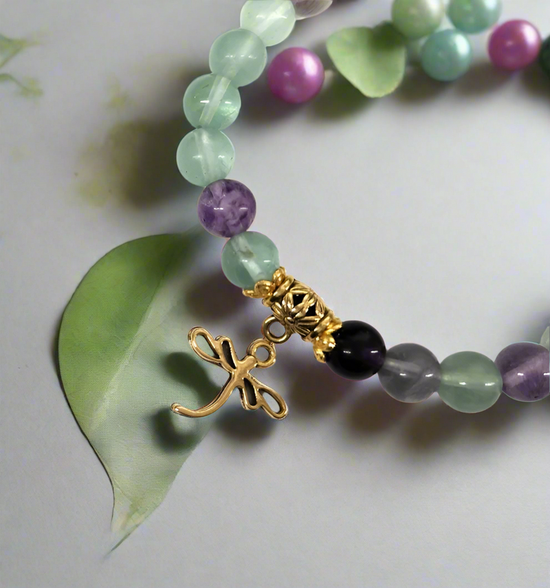 Rainbow Fluorite with Dragonfly or Hamsa Charm Power / Prayer Bracelet  FB3435 💛