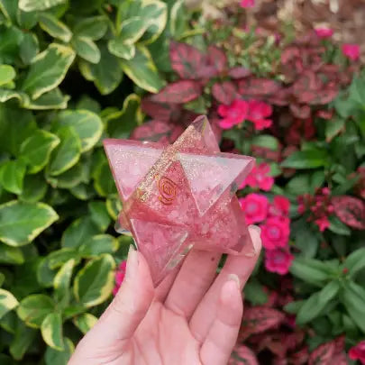 Rose Quartz Orgonite Merkaba Carving, Sacred Geometry for crystal grids FB3350