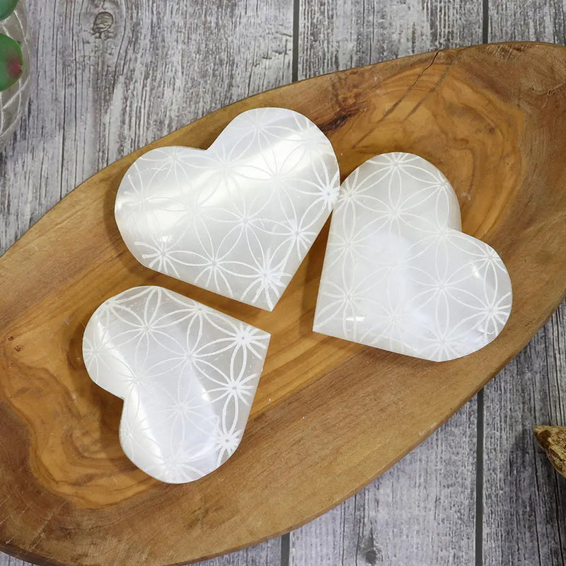 Selenite Heart with Etched Flower of Life from Morocco FB3406