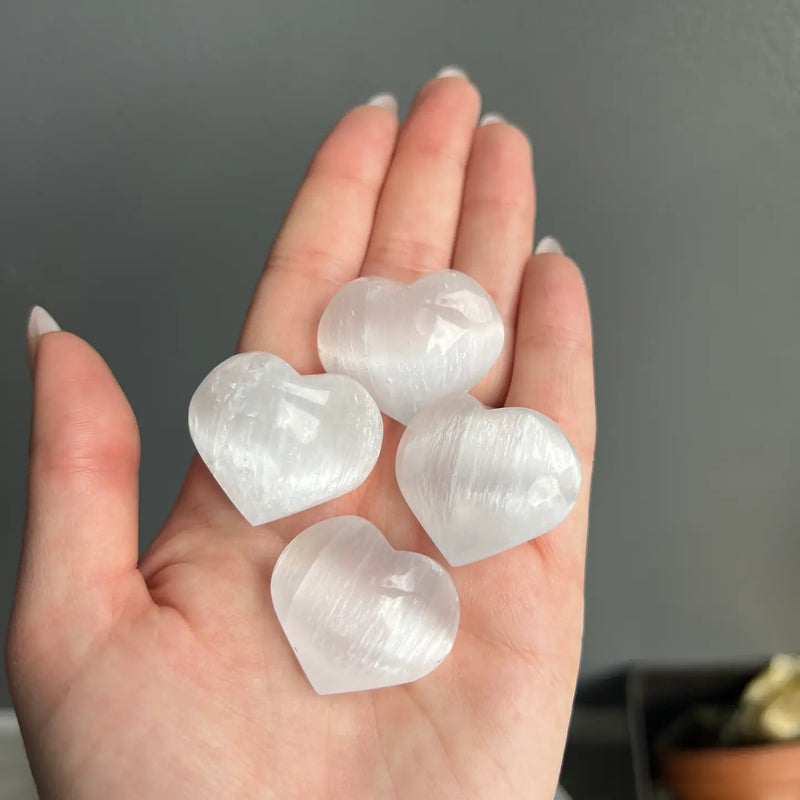 Selenite Hearts - with Great Sheen from Morocco - 1" to 3" across FB1780