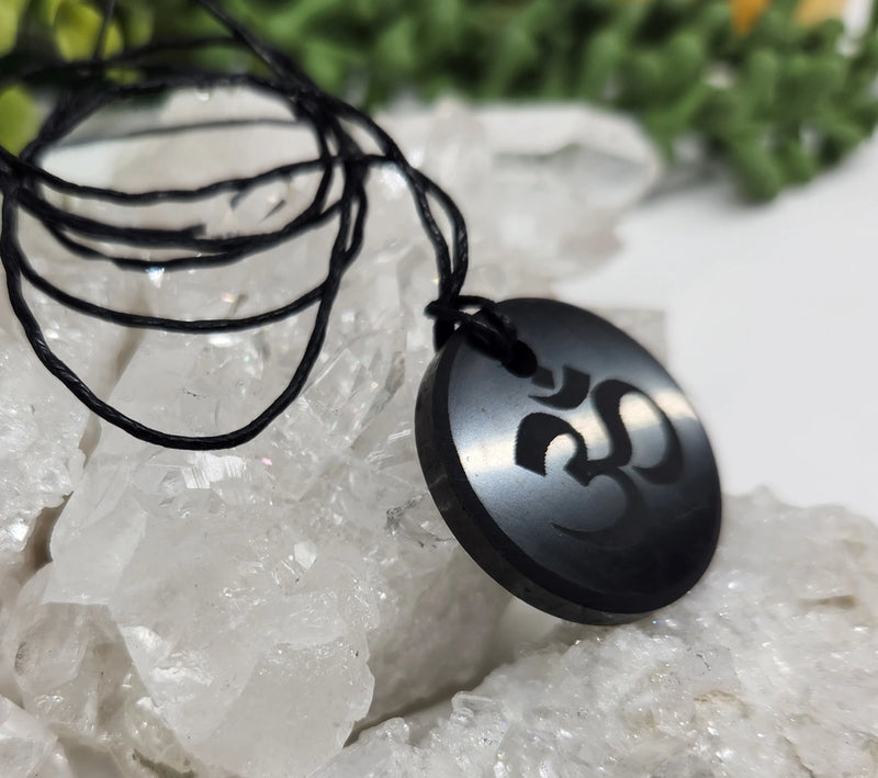 Shungite Om / Ohm Pendant with black cord FB3401