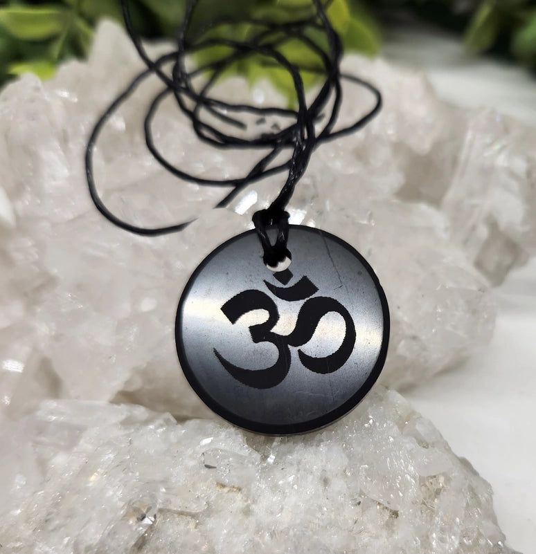 Shungite Om / Ohm Pendant with black cord FB3401