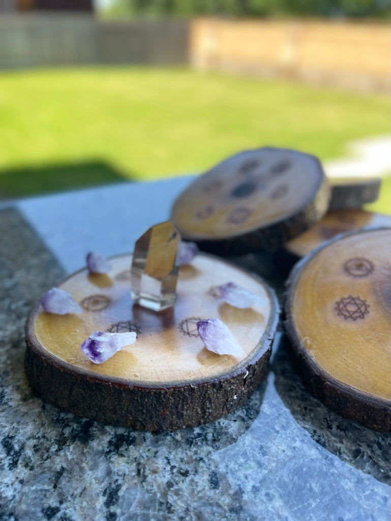 Chakra Symbol Wood Crystal Grid Base with Bark rim FB1525