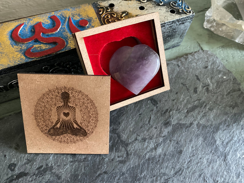 Amethyst, Rose Quartz or Clear Quartz Heart with Embossed Wood Box, Powerful Healing - Stress Relief FB2647