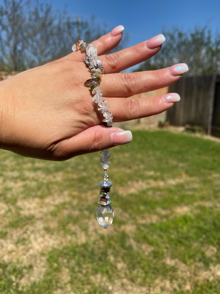 Faceted Amethyst or Clear Quartz Pendulum, Glass Tube w/ Gemstone Chips, FB2605