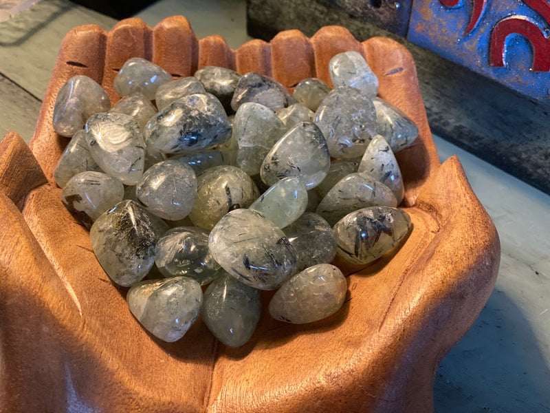 Tumbled Prehnite with Epidote & Black Tourmaline