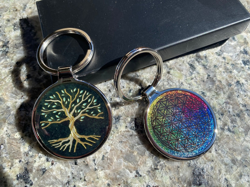 Tree of Life - Green or Gold, or Flower of Life Chakra Colors Key Ring, Gift Boxed FB3227