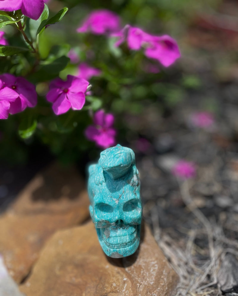 Amazonite (with smoky quartz and black tourmaline), AA Quality Skull with Lizard FB2626