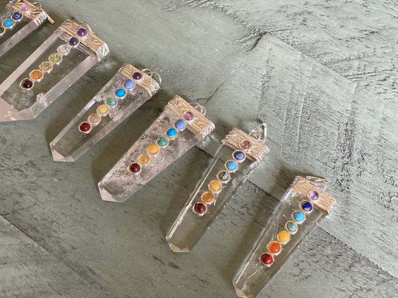 Clear Quartz & Tibetan Silver Pendant with Chakra Gems   FB2439