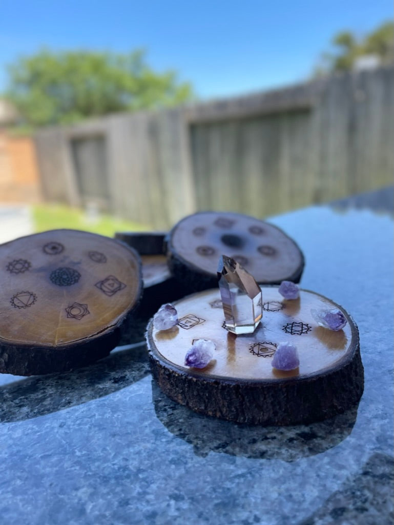 Chakra Symbol Wood Crystal Grid Base with Bark rim FB1525