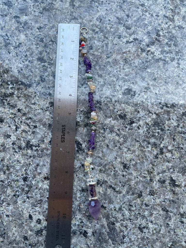 Faceted Amethyst or Clear Quartz Pendulum, Glass Tube w/ Gemstone Chips, FB2605