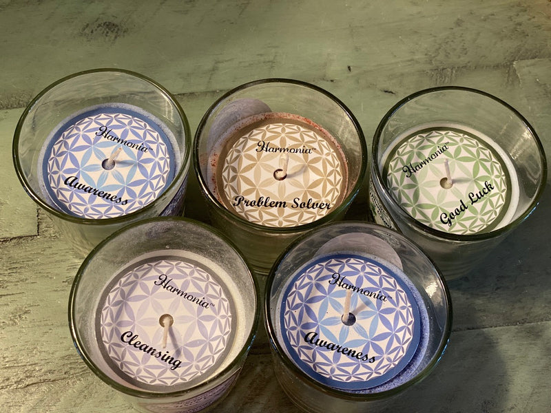 Hand-Poured Soy Candle in Glass Jar with Gemstones, or Gemstone Sand, and Essential Oil, FB2542