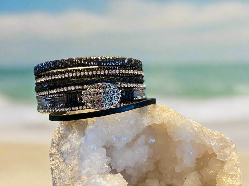 Black Leather Multi-Strand Bracelet. Flower of Life charm, with Magnetic Clasp FB1910 🥮