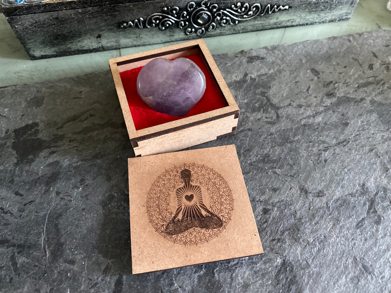 Amethyst, Rose Quartz or Clear Quartz Heart with Embossed Wood Box, Powerful Healing - Stress Relief FB2647