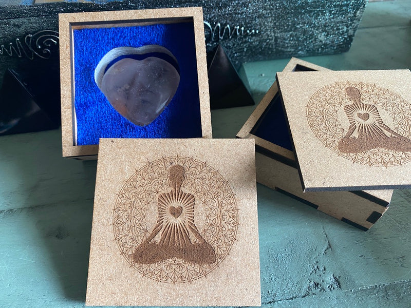 Amethyst, Rose Quartz or Clear Quartz Heart with Embossed Wood Box, Powerful Healing - Stress Relief FB2647