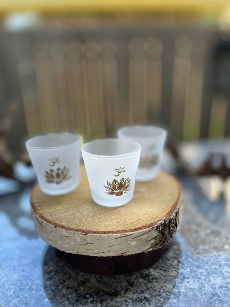 Etched Frosted Glass Votive Candle Holders - Lotus with Om or Namaste in Gold