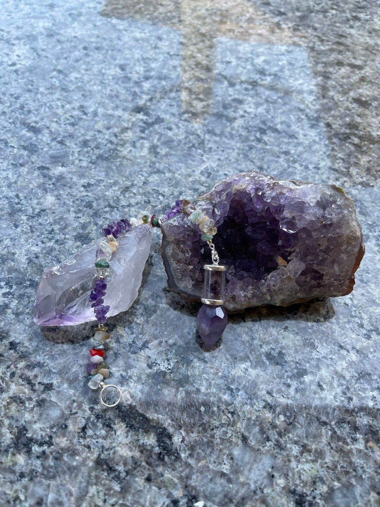 Faceted Amethyst or Clear Quartz Pendulum, Glass Tube w/ Gemstone Chips, FB2605