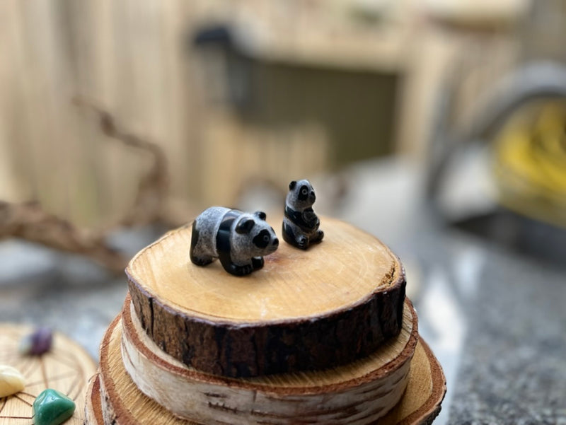 Panda Bear PAIR Spirit Stone Animal Carved from Black Obsidian FB3170 🐼