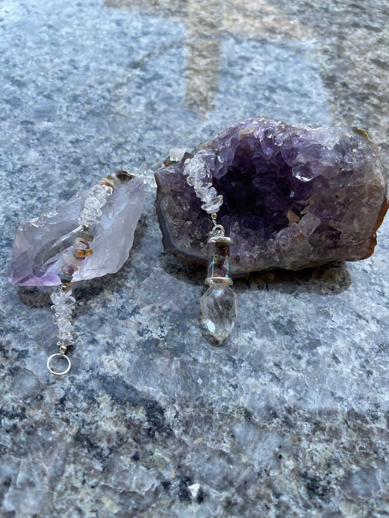 Faceted Amethyst or Clear Quartz Pendulum, Glass Tube w/ Gemstone Chips, FB2605