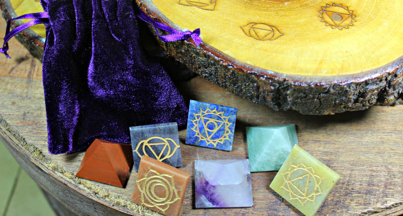 Chakra Pyramids with Engraved Symbols and Velvet Pouch FB1796