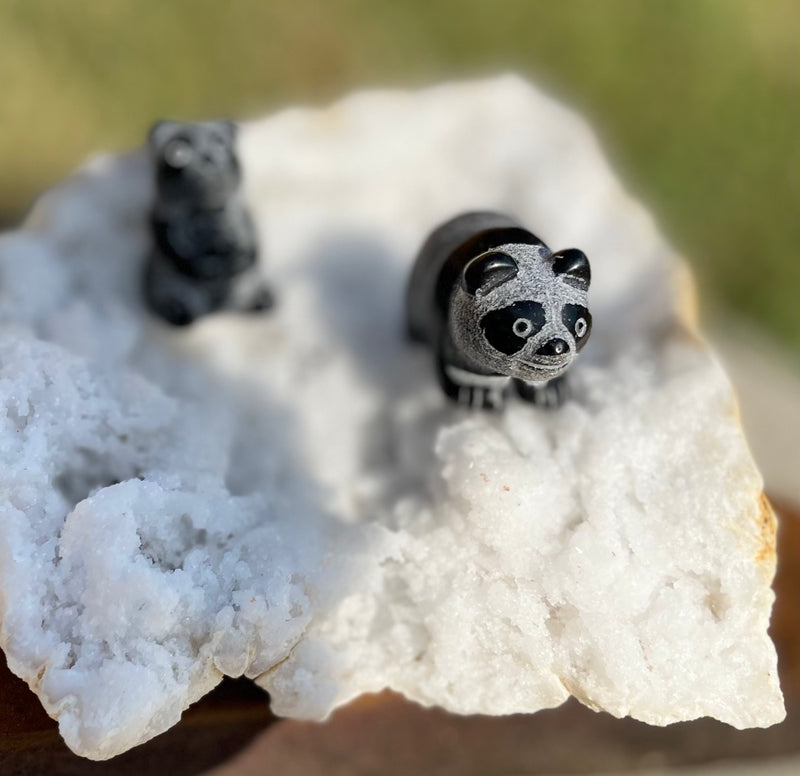 Panda Bear PAIR Spirit Stone Animal Carved from Black Obsidian FB3170 🐼