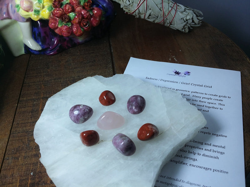 Relieving Sadness, Depression & Grief Crystal Grid with Seed of Life layout